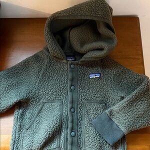 Patagonia Kids Olive Hooded Sherpa Snap Fleece